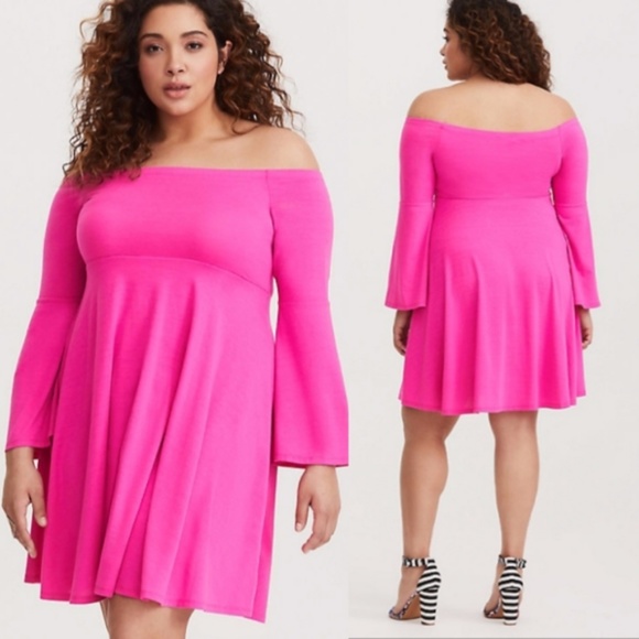 Torrid | Bright Pink Jersey Off Shoulder Bell Sleeves Skater Dress Sz. 0 - Picture 1 of 6